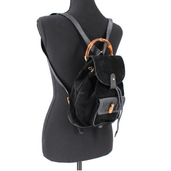 GUCCI Black Leather Suede Bamboo Mini Backpack Adjustable Strap Handbag Purse - Picture 1 of 10